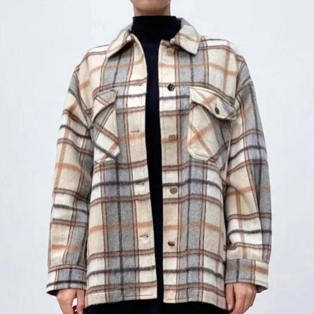 Zara Checkered Jacket in Cream and Brown Shacket